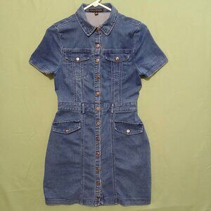 Vintage Style Metal Button Denim One Piece Skirt Knee Length Utility Pockets